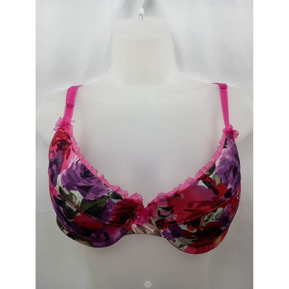 Smart & Sexy Floral Push Up Bra 36C Pink Purple Red Lace Trim Underwire